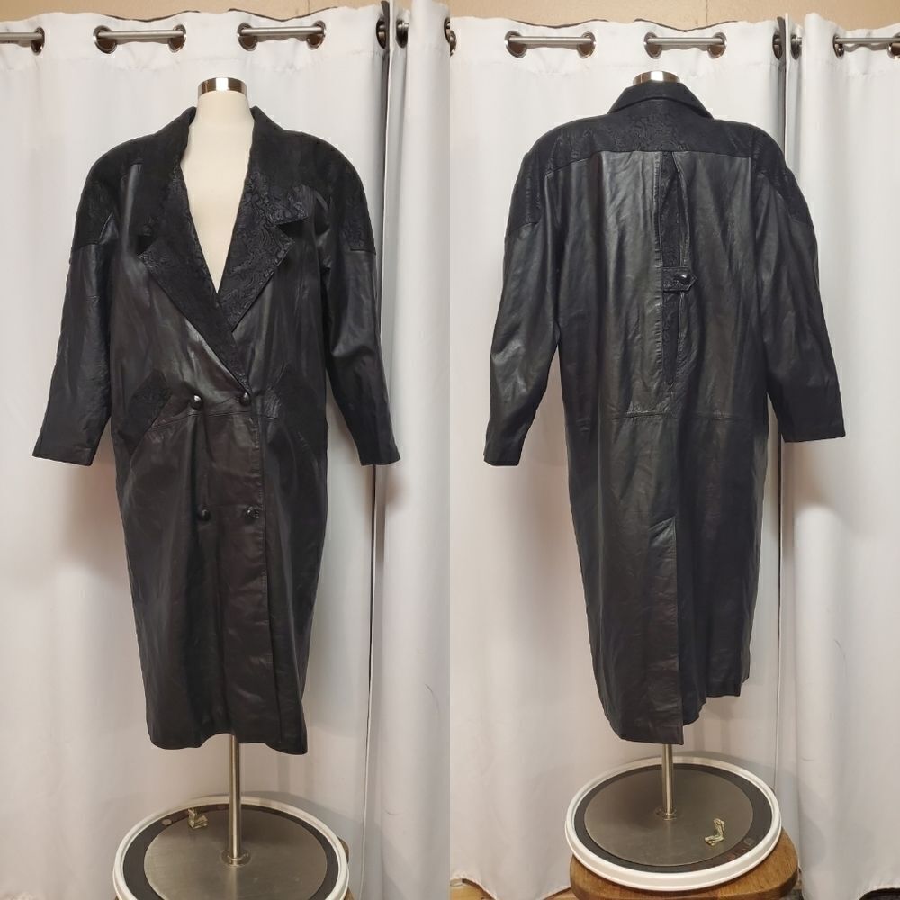 Vintage 90s y2k Maurices‎ Black Leather Oversized Slouchy Structured Trench Coat